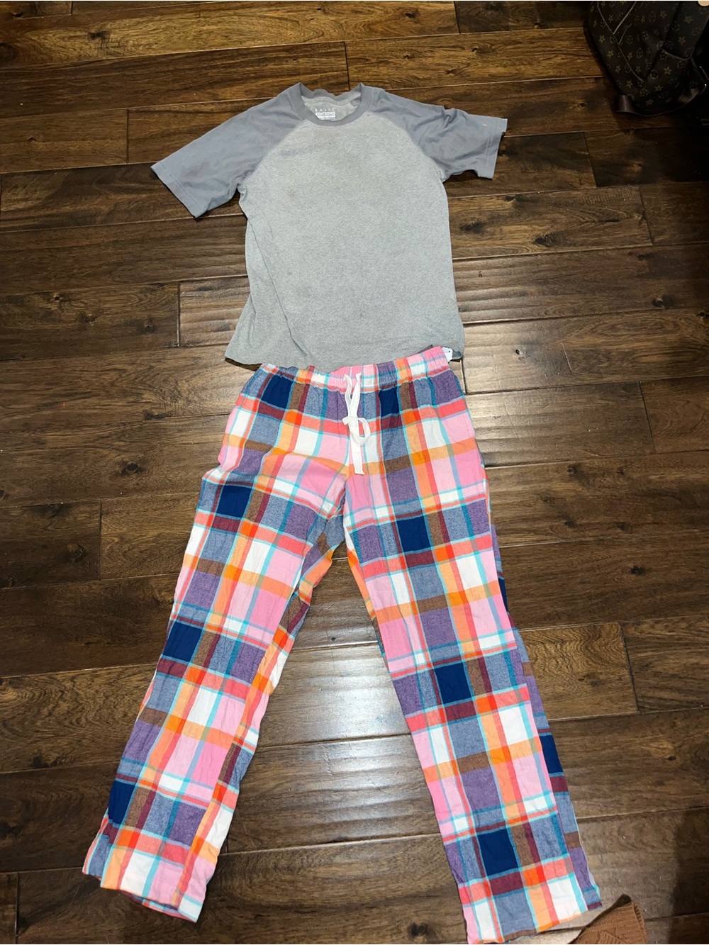Kids Plaid Pink & Blue Flannel Pajama Set with Gray Top